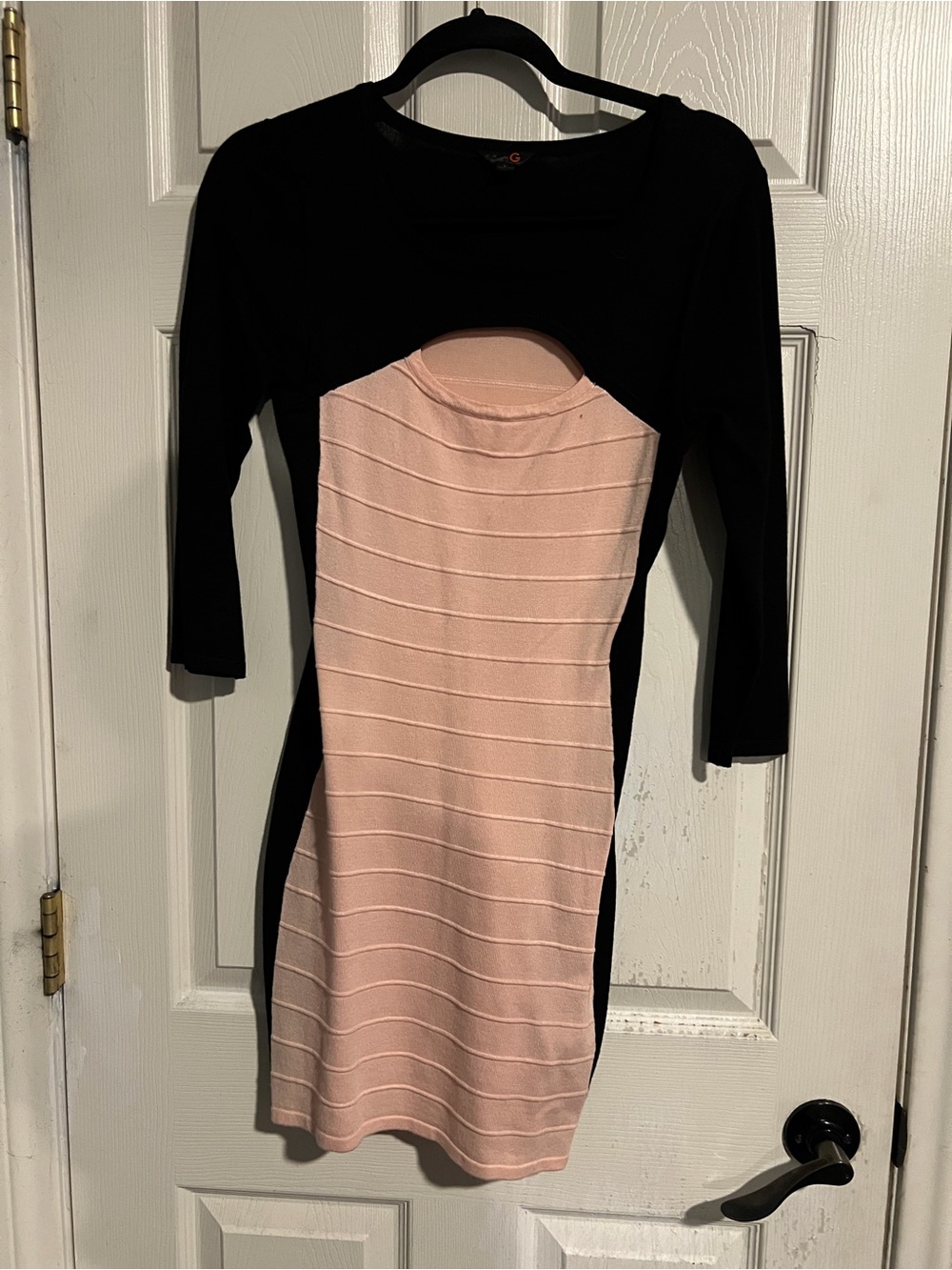 Guess Vintage Black & Light Pink Bodycon Bondage Dress with Scoop Detail